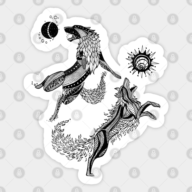 Hati and Sköll (black lineart) Sticker by manicgremlin